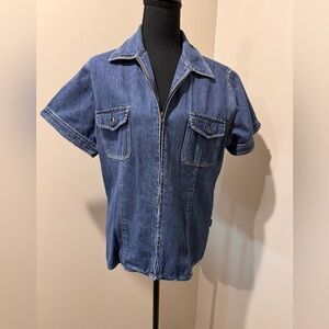 Blassport‎ Large Short Sleeve Denim Zip Front Shirt Vintage Denim Utility Chic